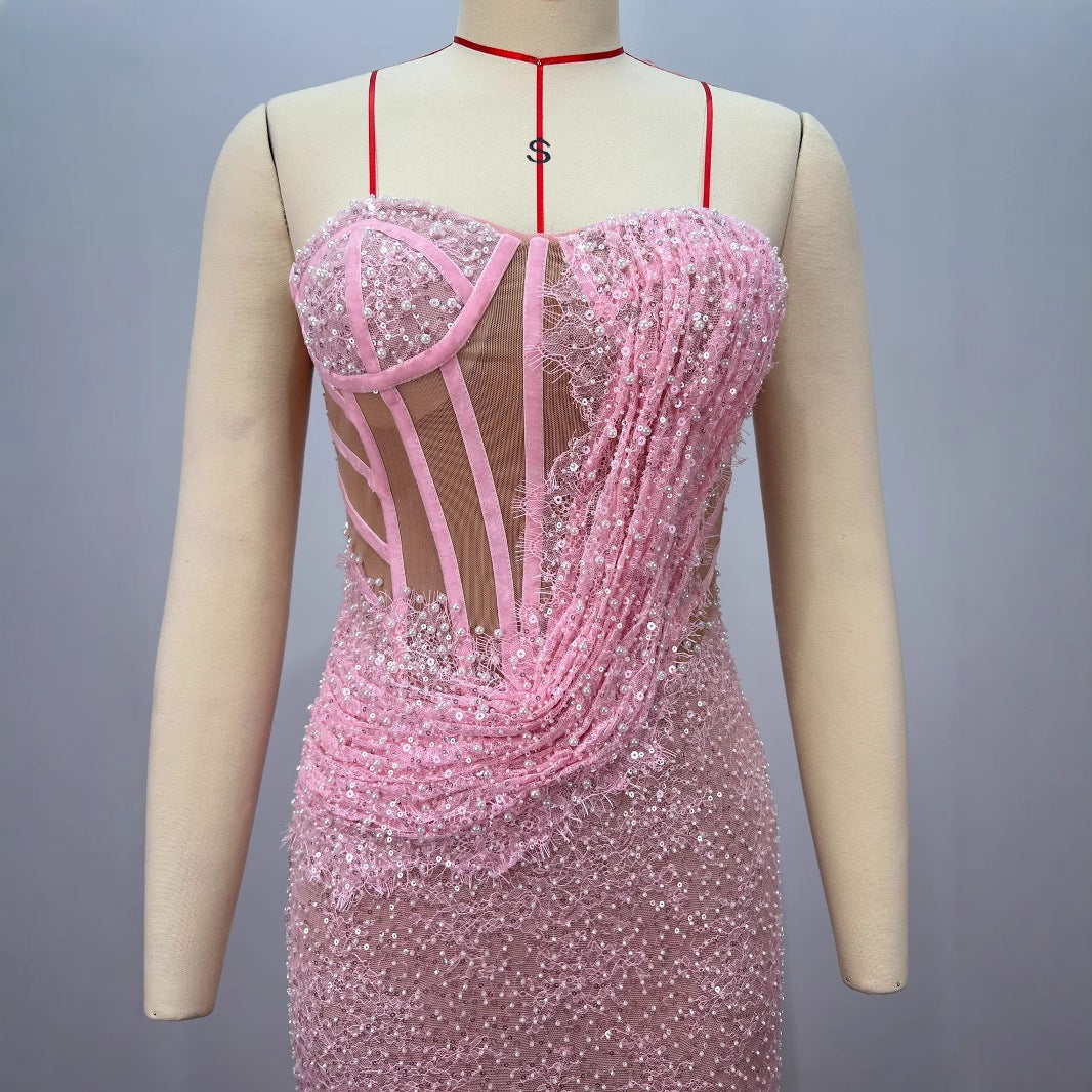 Pink Strapless Wrap-Front Fitted Maxi Dress