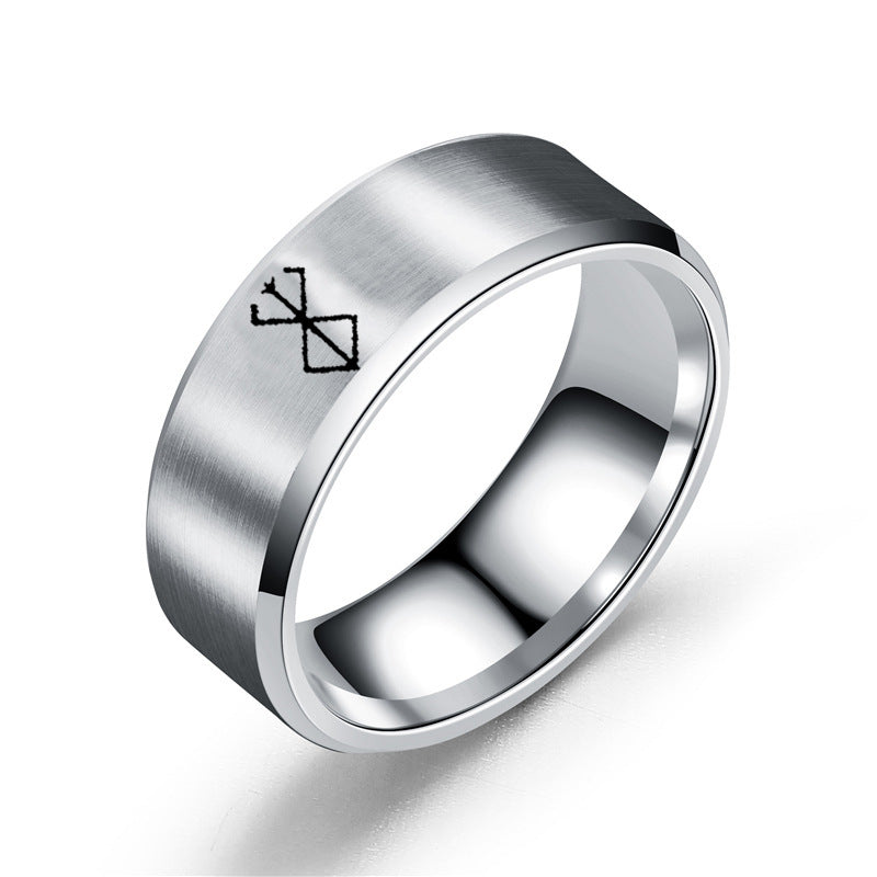 European and American Style Berserk Anime Series Laser Engraved Ring with Logo Design