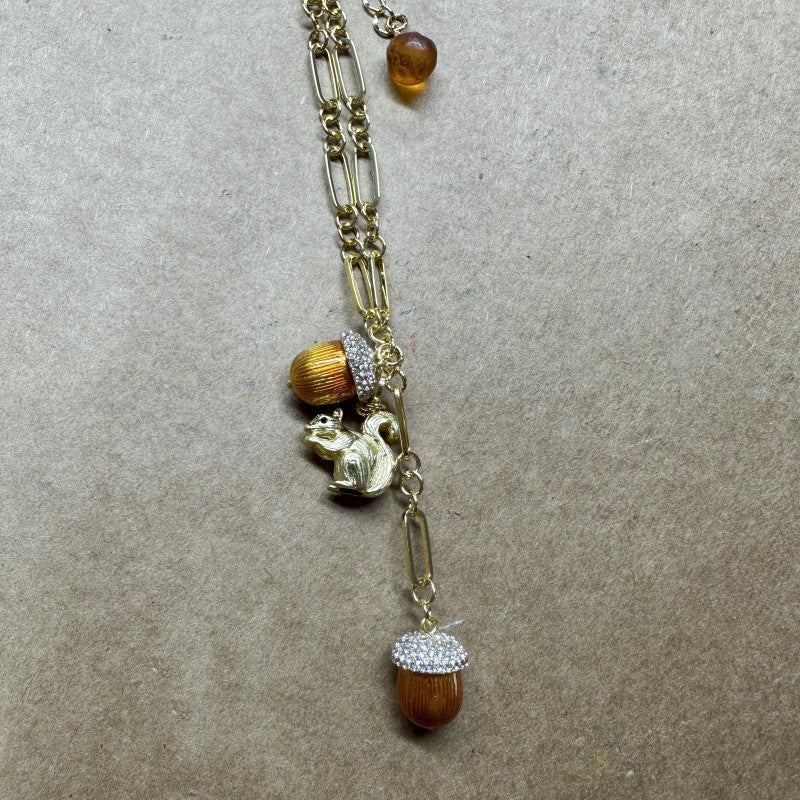 Vintage-Inspired Squirrel & Orange Charm Necklace – Gold Tone
