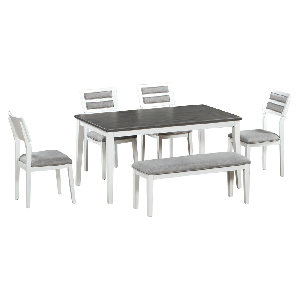 TREXM 6-Piece Dining Set with Table, 4 Chairs & Bench, White & Gray