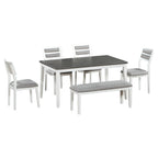 TREXM 6-Piece Dining Set with Table, 4 Chairs & Bench, White & Gray