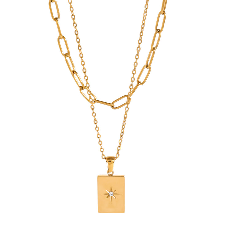 Star & Square Double-Layer Necklace – Gold-Tone Stainless Steel