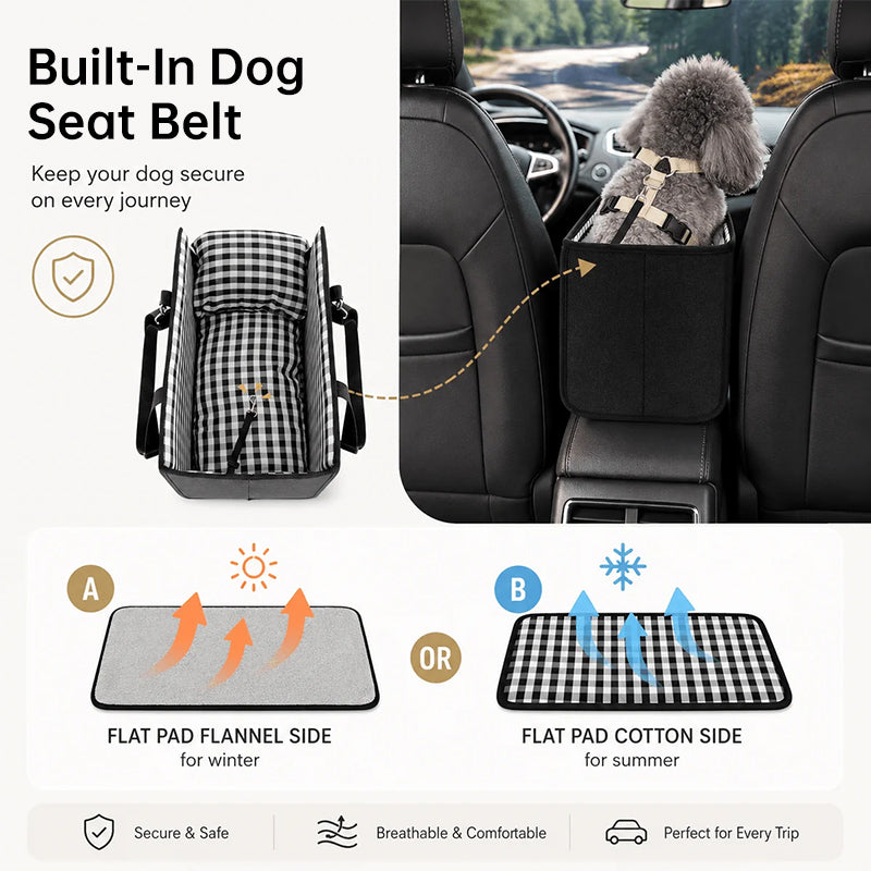 Car Mounted Pet Car Seat – Portable Small Dog Grid Seat with Soft Cushion & Seat Belt, Dog Car Accessories