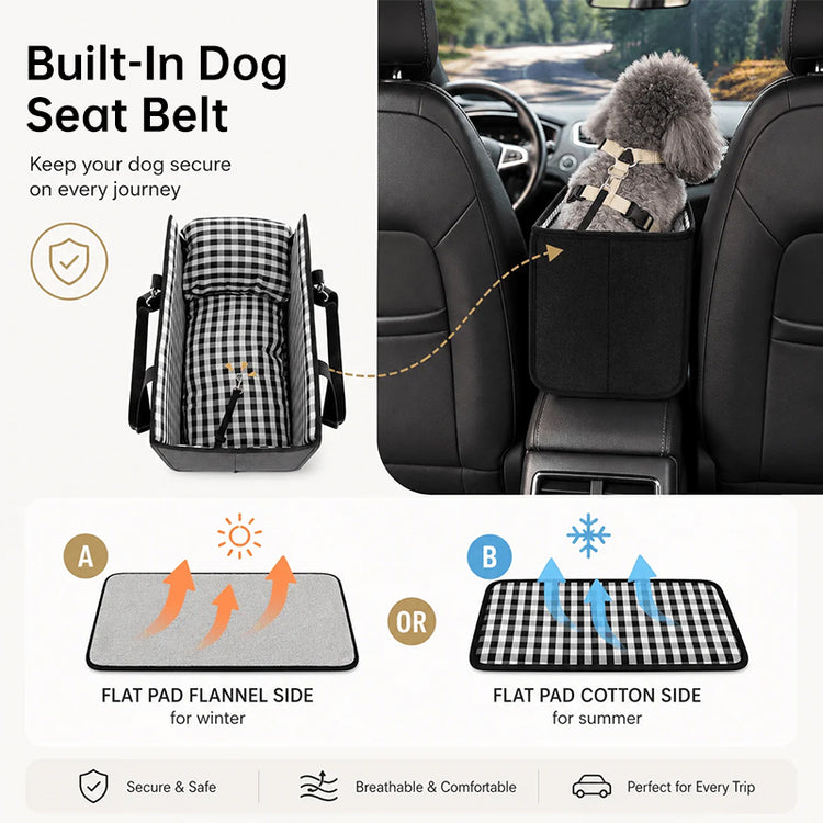 Car Mounted Pet Car Seat – Portable Small Dog Grid Seat with Soft Cushion & Seat Belt, Dog Car Accessories