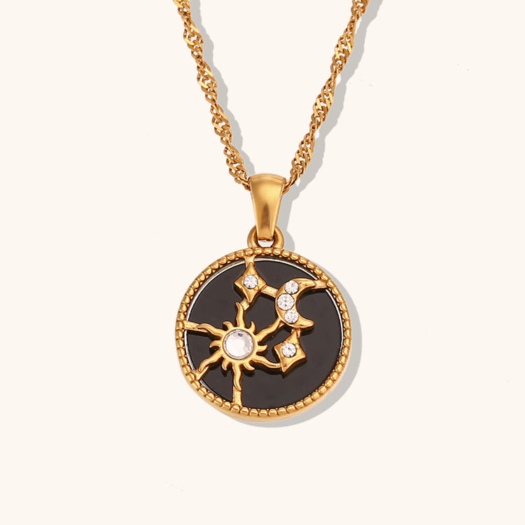 Sun, Moon & Stars Round Pendant Necklace – Stainless Steel