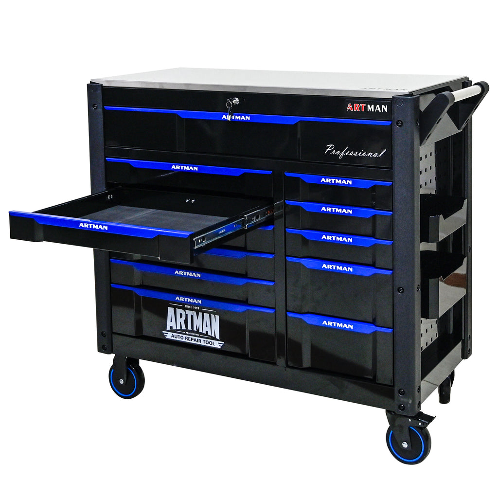 ARTMAN 12-Drawer Rolling Tool Cabinet with Iron Top, Black & Blue