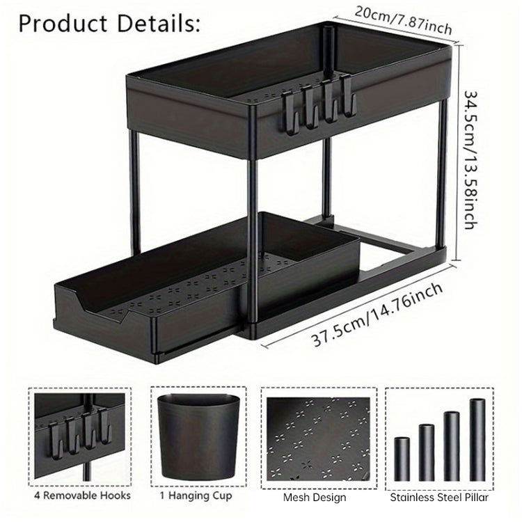 2-Tier Under Sink Sliding Organizer – 5 Hooks & 3 Detachable Baskets, Rust-Resistant Metal, Tool-Free Assembly
