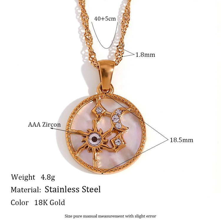 Sun, Moon & Stars Round Pendant Necklace – Stainless Steel