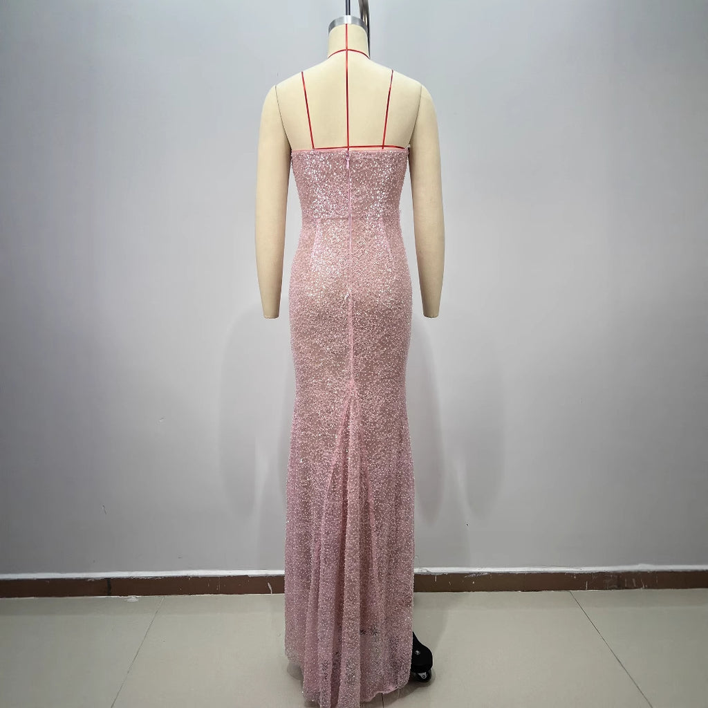 Pink Strapless Wrap-Front Fitted Maxi Dress