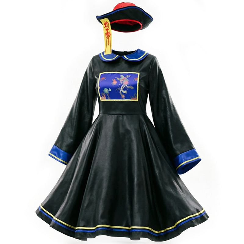 Black Embroidered Costume Set with Skirt and Hat