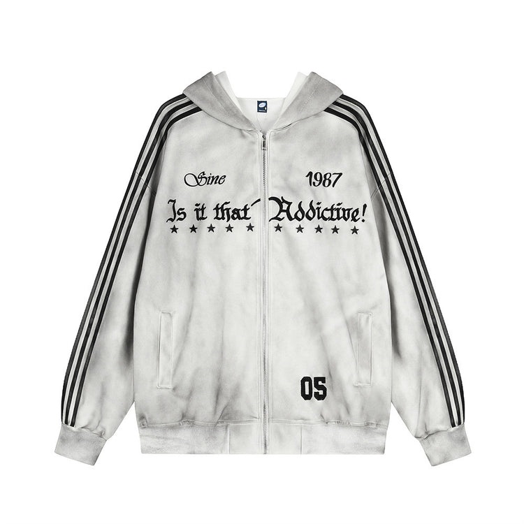 Men's Distressed Vintage Letter Embroidery Three-Strip Webbing Long Sleeve Zip-Up Hooded Streetwear Jacket