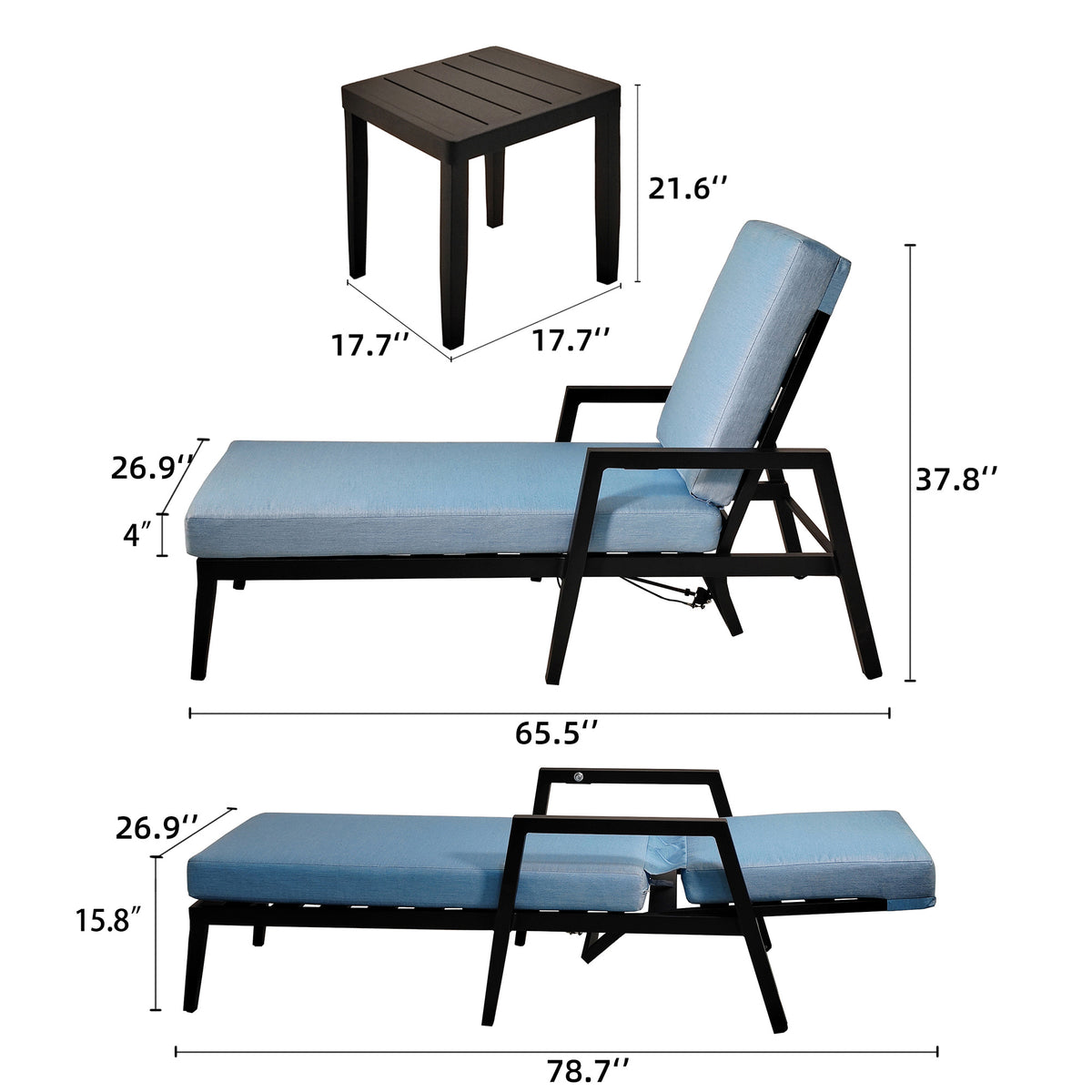 3-Piece Outdoor Aluminum Chaise Lounge Set with End Table | Sunbrella Cushions