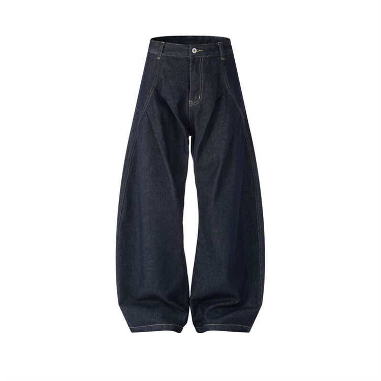 Men's High Street Wide Leg Raw Denim Jeans Solid Color Loose Fit Pleated Trousers with Pockets