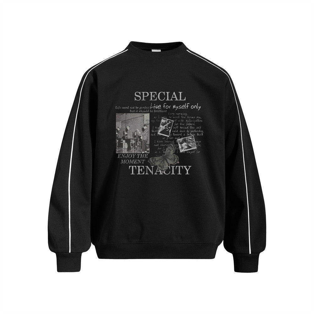 Men's Rap Character Print Contrast Stitch Crewneck Pullover Sweatshirt