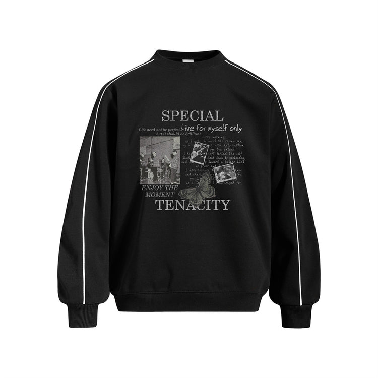 Men's Rap Character Print Contrast Stitch Crewneck Pullover Sweatshirt
