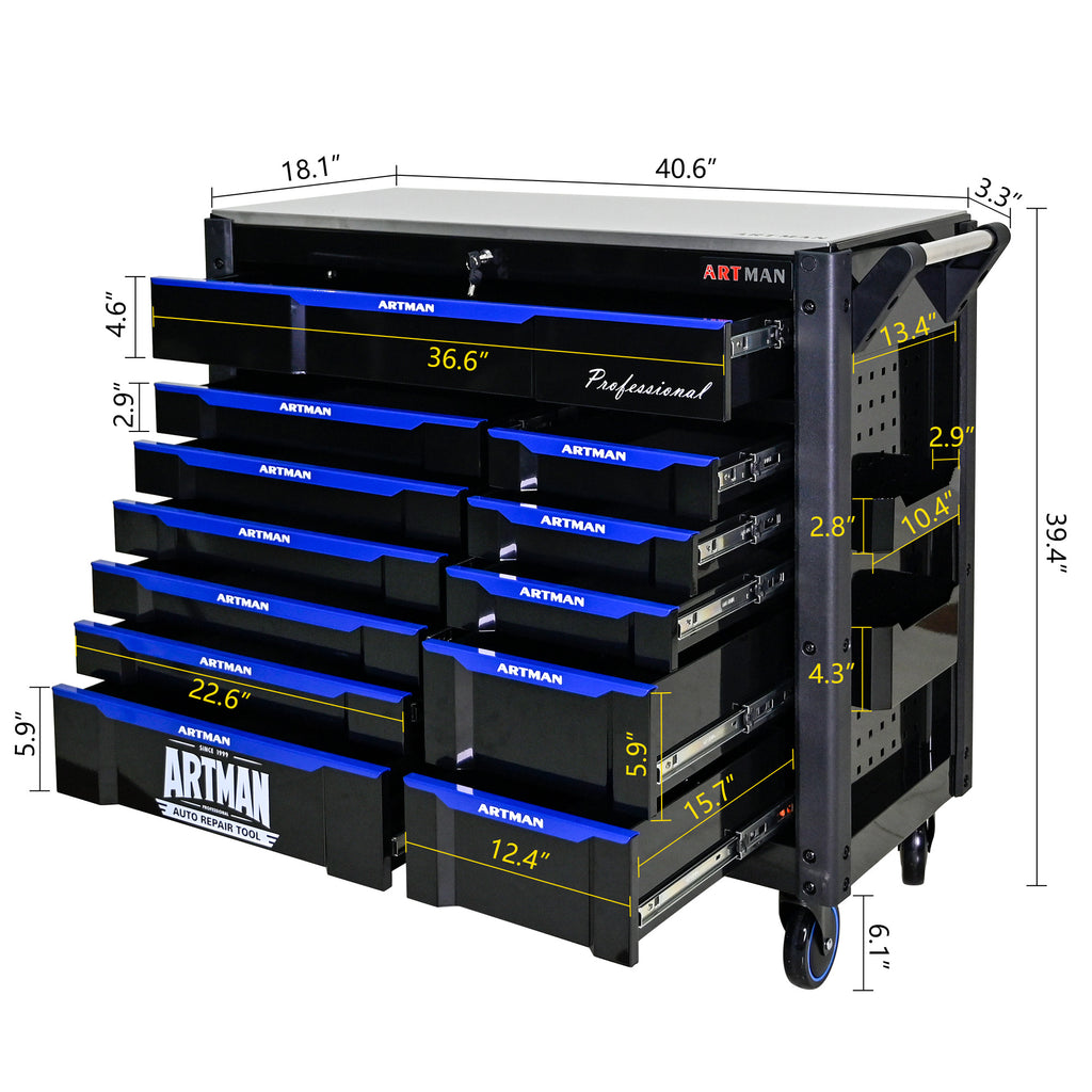 ARTMAN 12-Drawer Rolling Tool Cabinet with Iron Top, Black & Blue