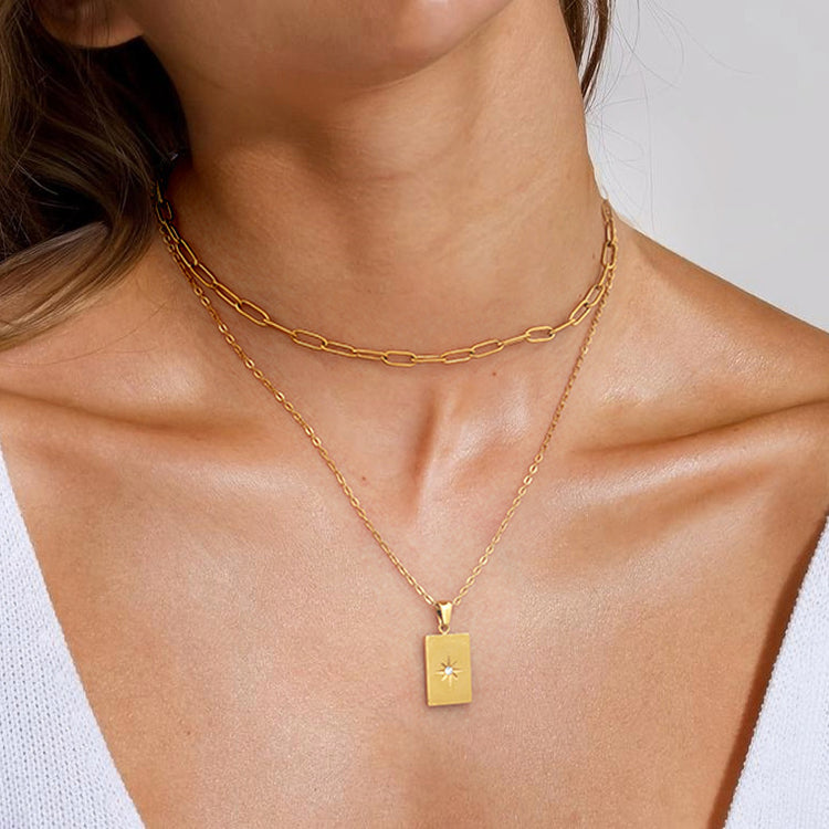 Star & Square Double-Layer Necklace – Gold-Tone Stainless Steel
