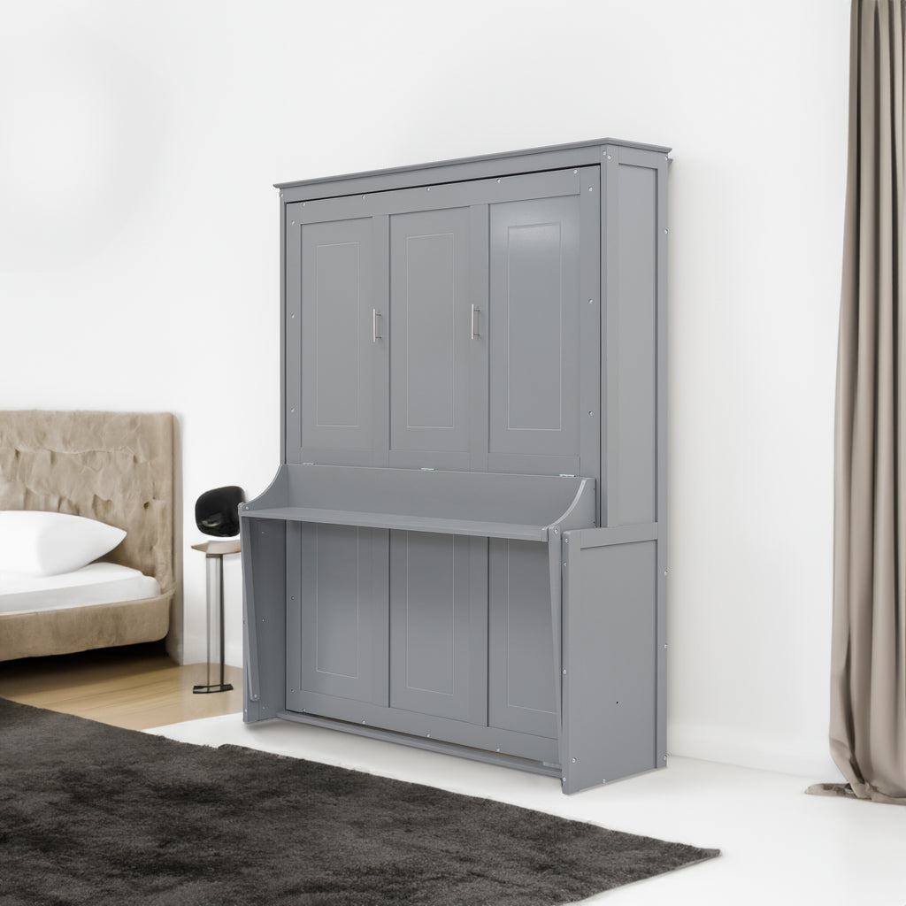 Queen Size Murphy Bed with Fold-Down Desk Shelf, Gray