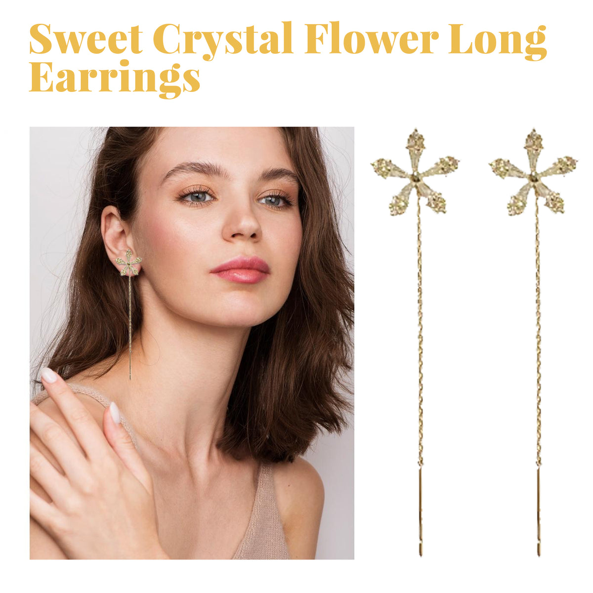 Sweet Crystal Flower Long Earrings, Ear Acupoint Earrings Niche Fashion Small Fresh And Cute Earrings