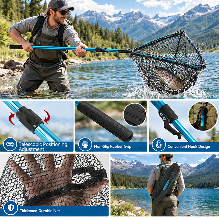 1PC Aluminum Alloy Retractable Triangular Fishing Net – Telescopic Folding Landing Net with Extendable Pole, Portable Collapsibl