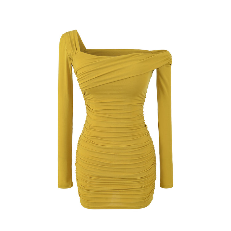 Ruched Off-Shoulder Long Sleeve Slim Fit Bodycon Short Dress
