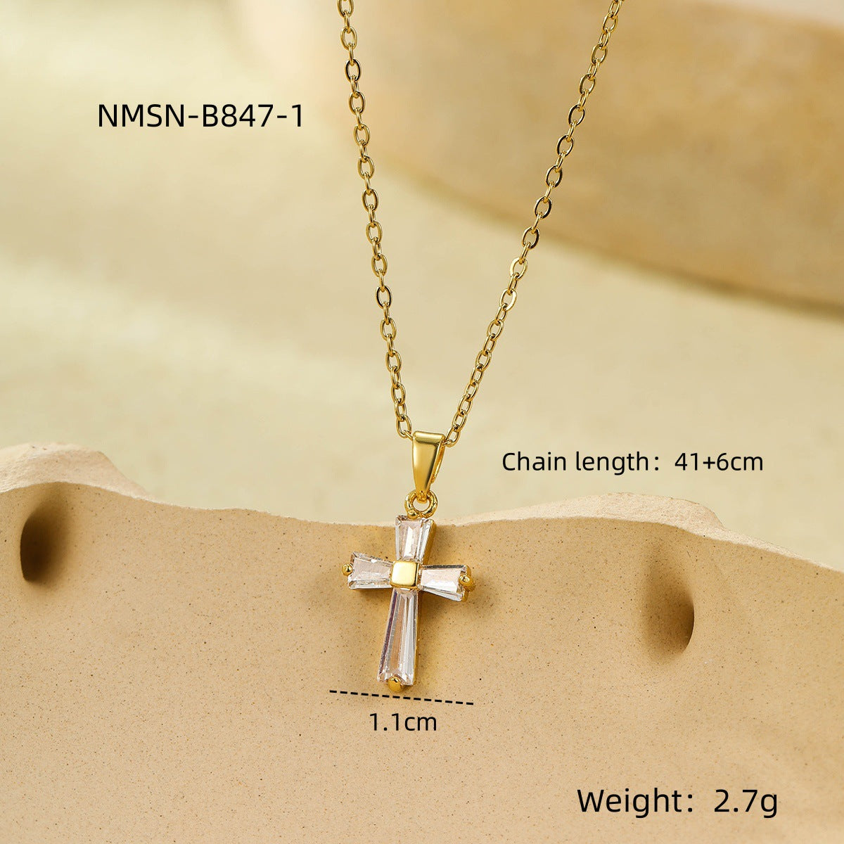 Geometric Cross Pendant Necklace – Gold-Tone Stainless Steel