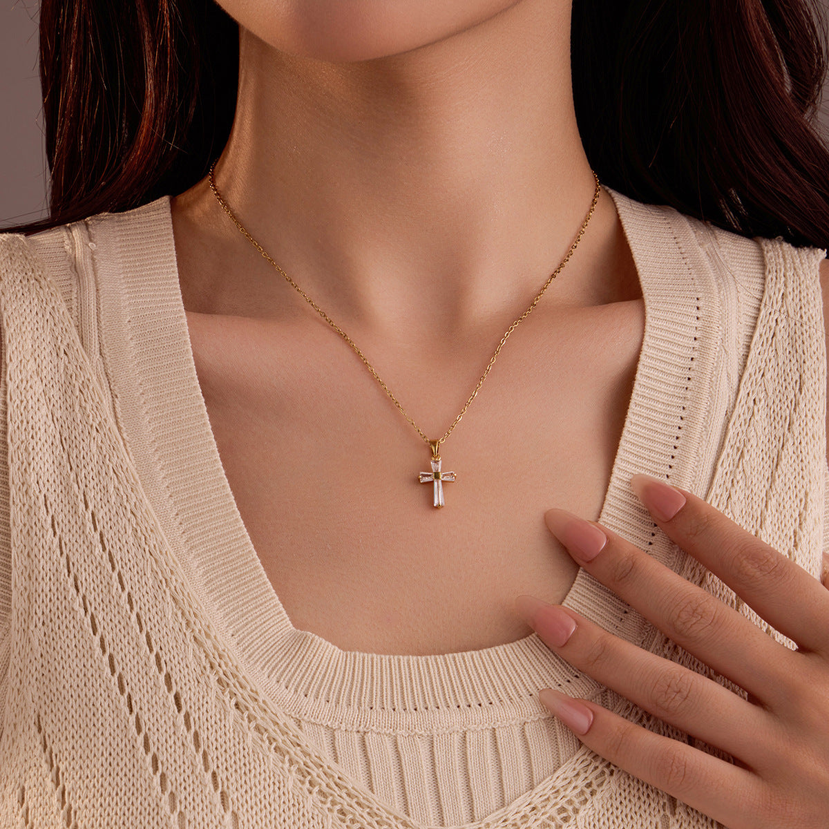 Geometric Cross Pendant Necklace – Gold-Tone Stainless Steel