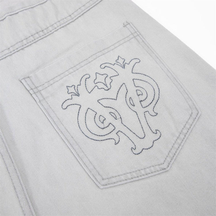 Men's Clean Fit Denim Button Fly Straight Leg Casual Pants with Back Pocket Embroidery