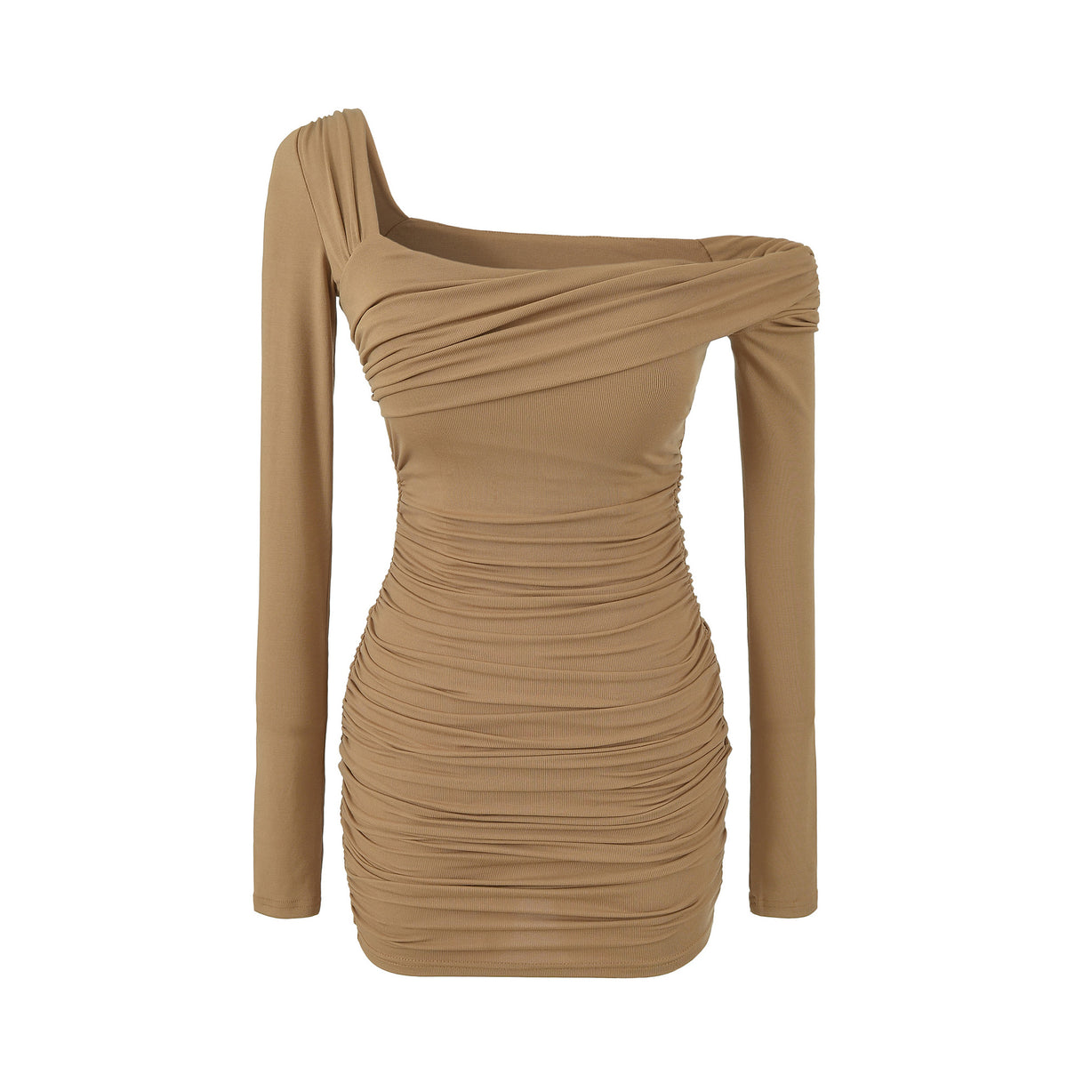 Ruched Off-Shoulder Long Sleeve Slim Fit Bodycon Short Dress