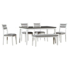 TREXM 6-Piece Dining Set with Table, 4 Chairs & Bench, White & Gray