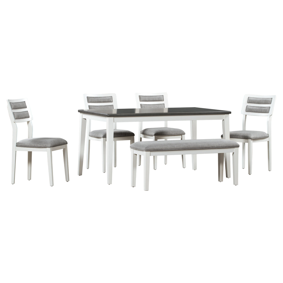 TREXM 6-Piece Dining Set with Table, 4 Chairs & Bench, White & Gray