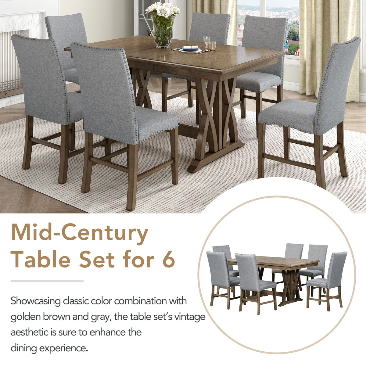TOPMAX 7-Piece Extendable Dining Set, Golden Brown & Gray