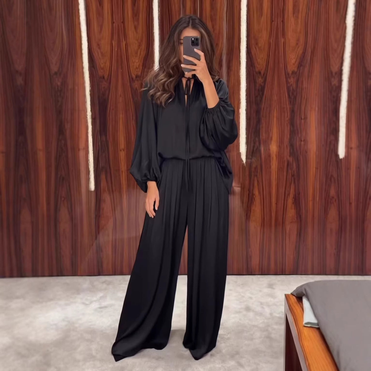 Women's V-Neck Lace-Up Top and Pants Set
