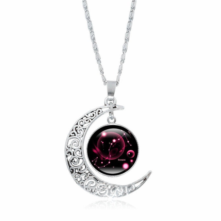Zodiac Time Gem Luminous Necklace for Women, Simple Silver Moon Pendant Choker