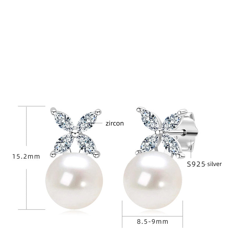 Four-Leaf Clover Freshwater Pearl Earrings in 925 Sterling Silver