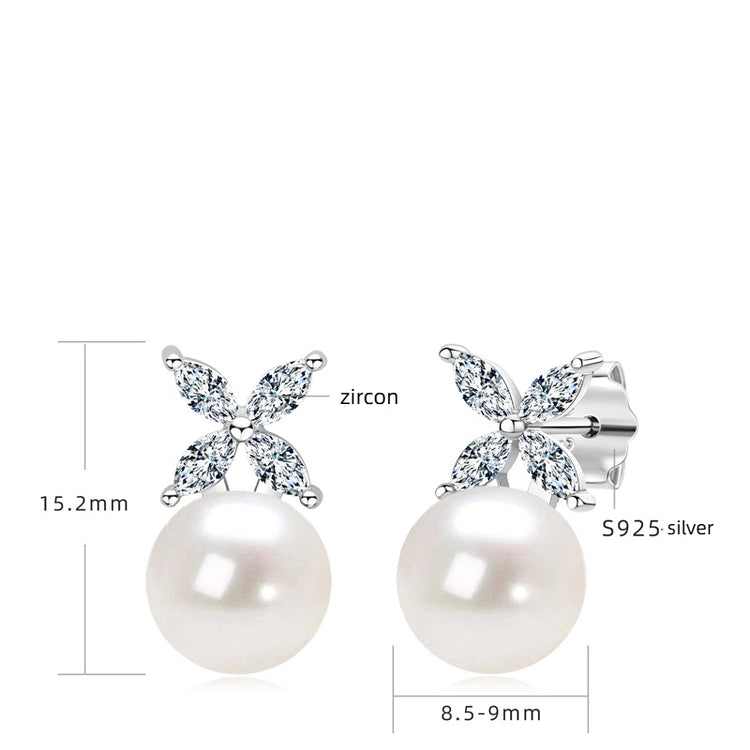 Four-Leaf Clover Freshwater Pearl Earrings in 925 Sterling Silver