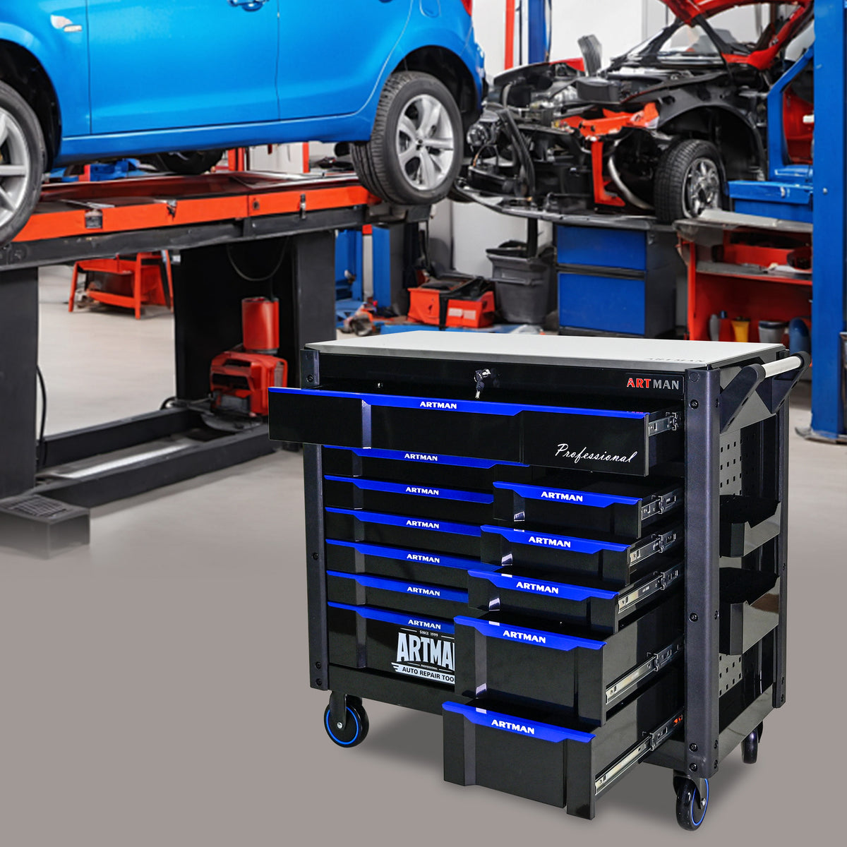 ARTMAN 12-Drawer Rolling Tool Cabinet with Iron Top, Black & Blue