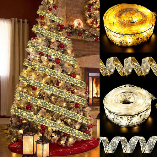 Christmas Ribbon LED String Lights – Satin Copper Wire Gift Box Decoration
