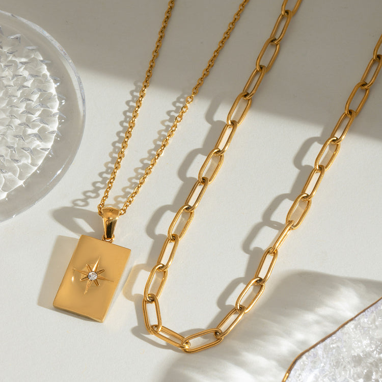 Star & Square Double-Layer Necklace – Gold-Tone Stainless Steel