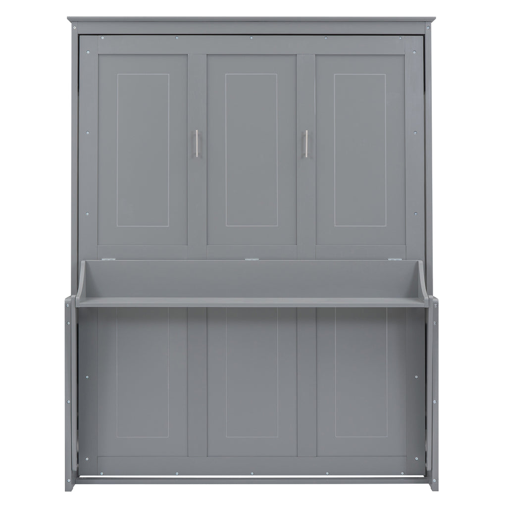 Queen Size Murphy Bed with Fold-Down Desk Shelf, Gray
