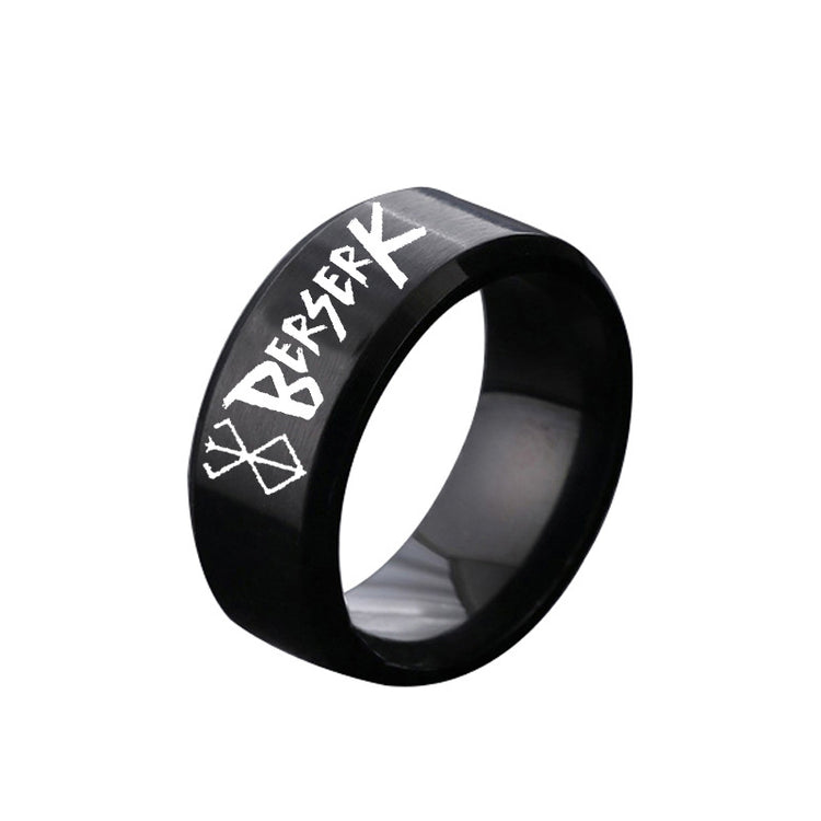 European and American Style Berserk Anime Series Laser Engraved Ring with Logo Design