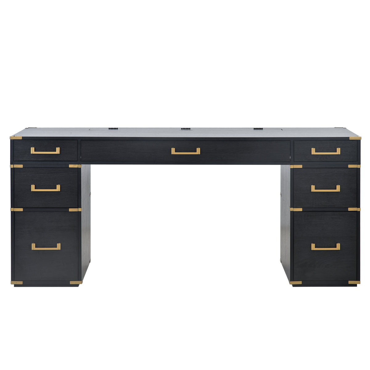 70 inch classic and traditional executive desk with metal trim, writing desk with 2 file drawers, USB ports, and sockets, black