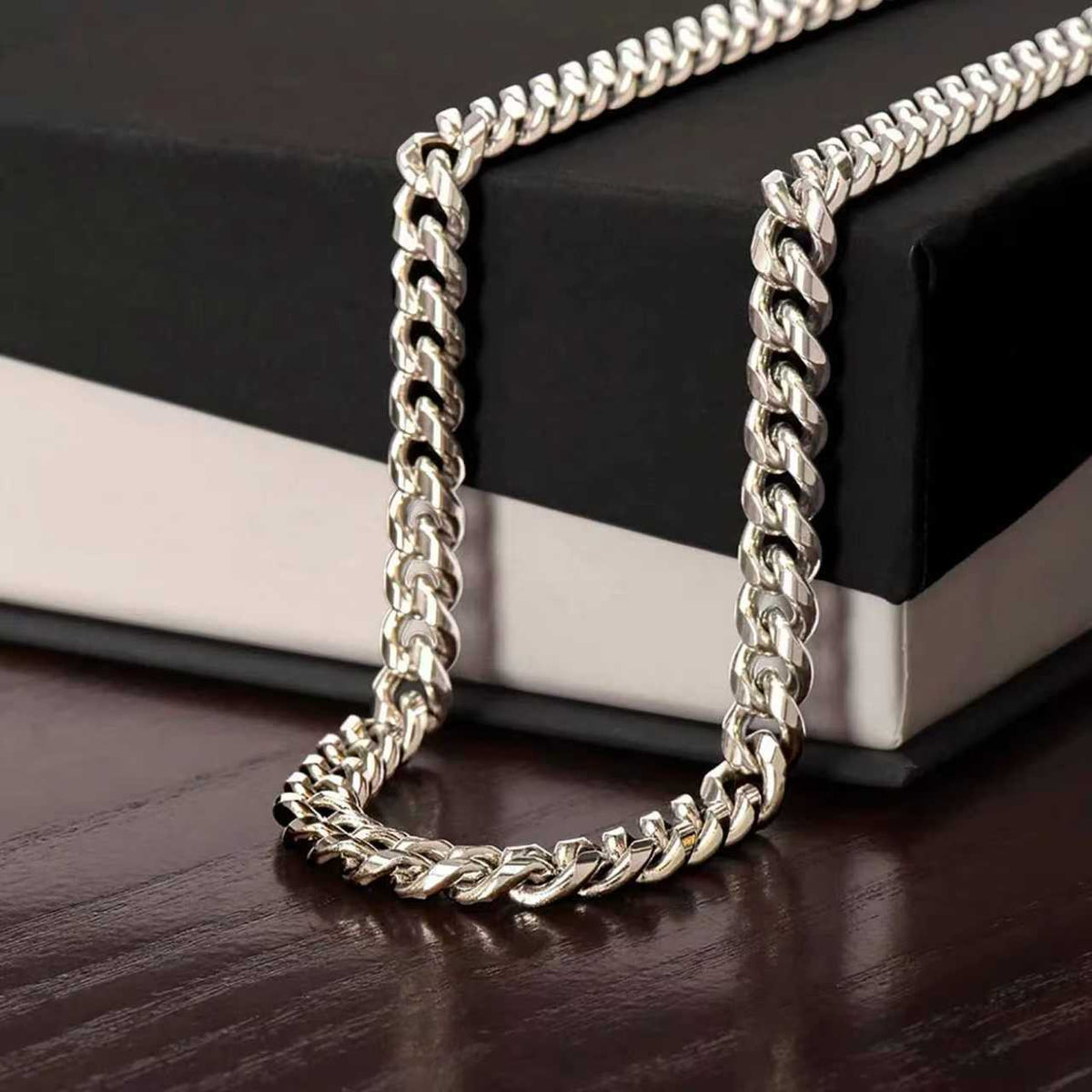 Stainless Steel Cuban Chain Necklace with Wooden Box & Card