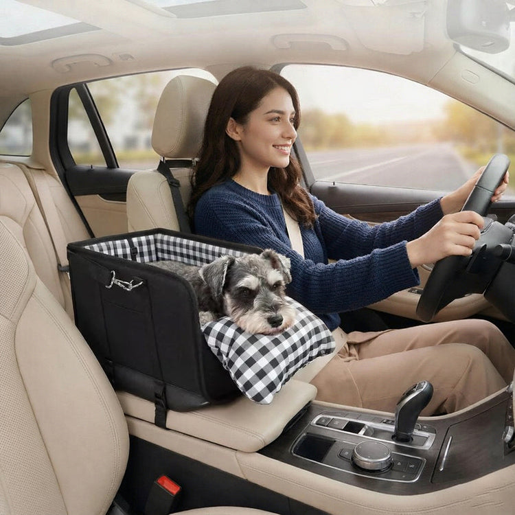 Car Mounted Pet Car Seat – Portable Small Dog Grid Seat with Soft Cushion & Seat Belt, Dog Car Accessories