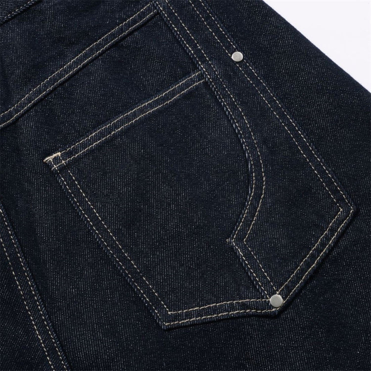 Men's High Street Wide Leg Raw Denim Jeans Solid Color Loose Fit Pleated Trousers with Pockets