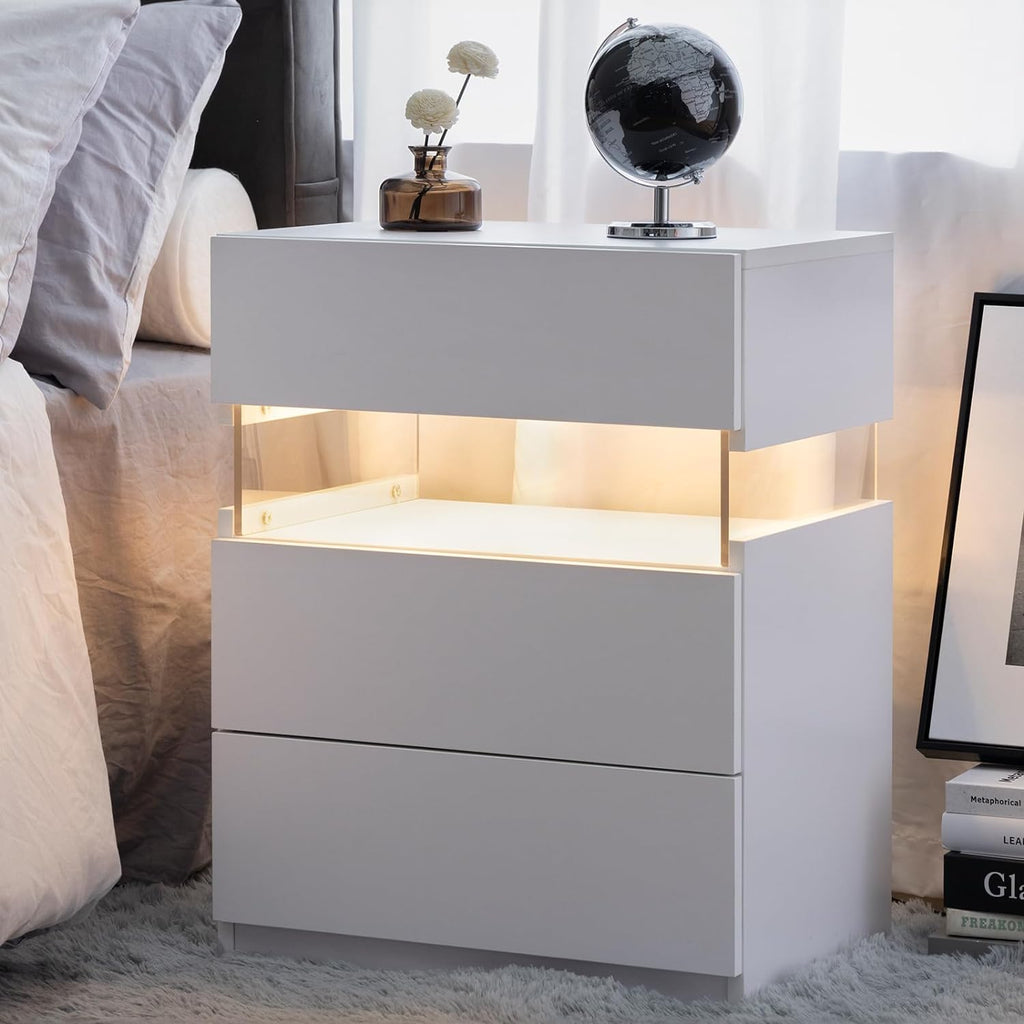White 3-Drawer LED Bedside Table with Acrylic Panel