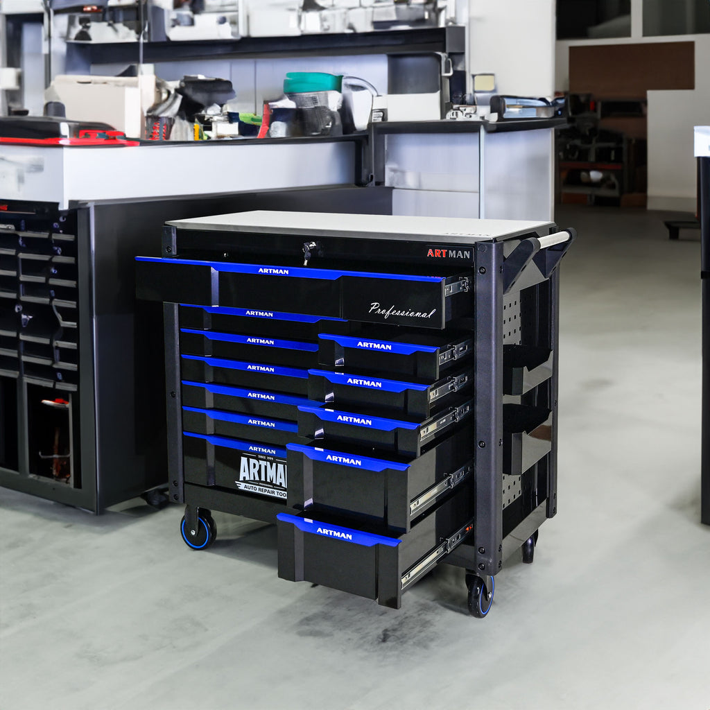 ARTMAN 12-Drawer Rolling Tool Cabinet with Iron Top, Black & Blue