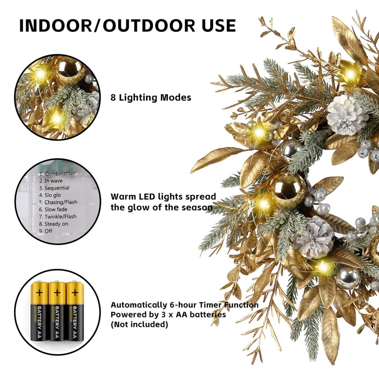 Lighted Christmas Wreath – 20 Inch, 8 Lighting Modes