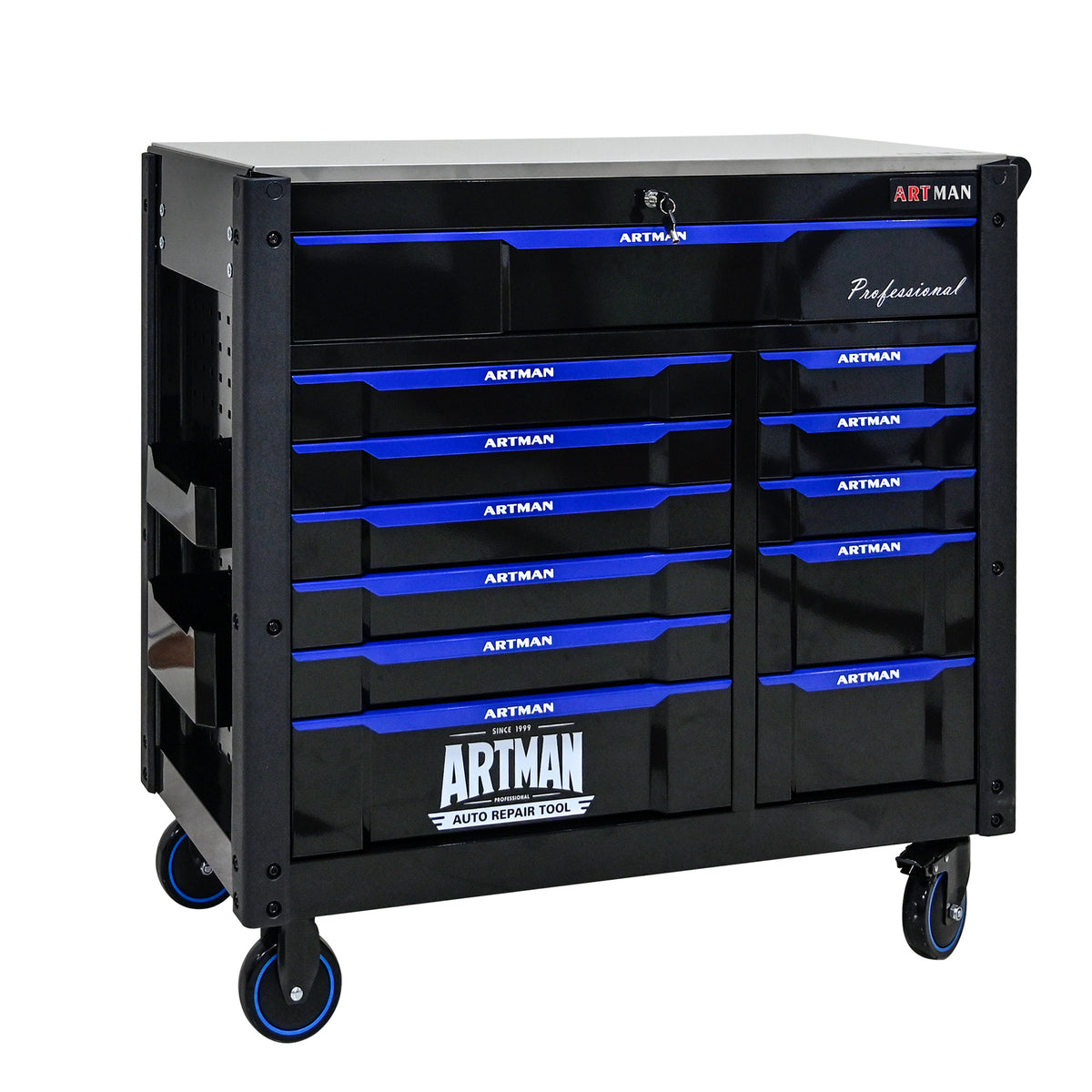 ARTMAN 12-Drawer Rolling Tool Cabinet with Iron Top, Black & Blue