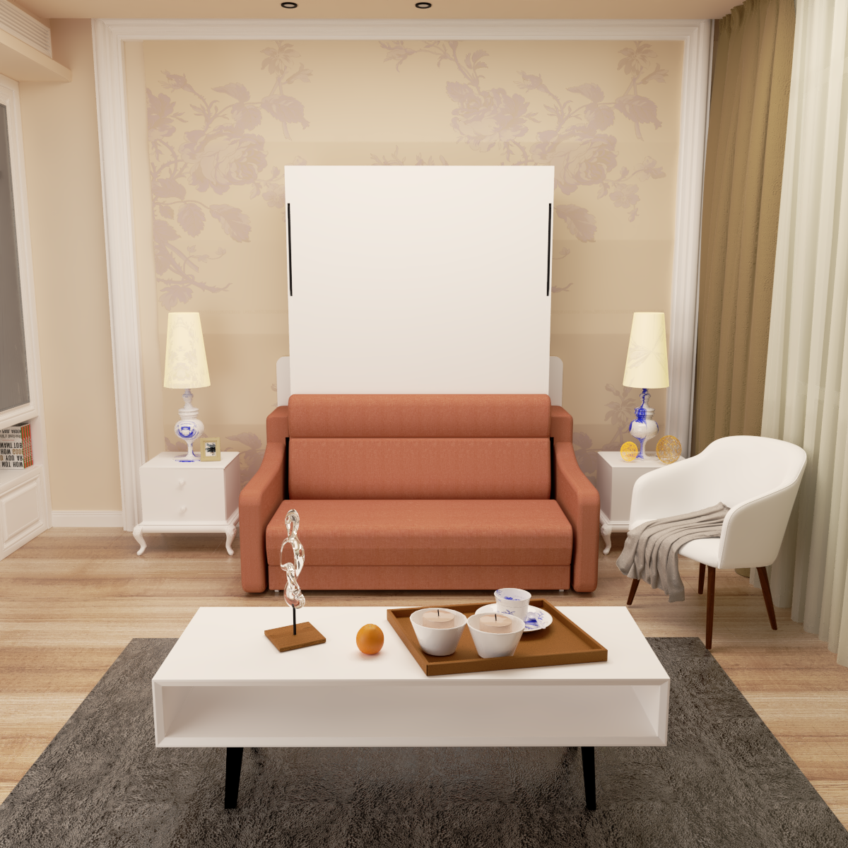 Modern Vertical Murphy Bed with Sofa & Storage | Full Size